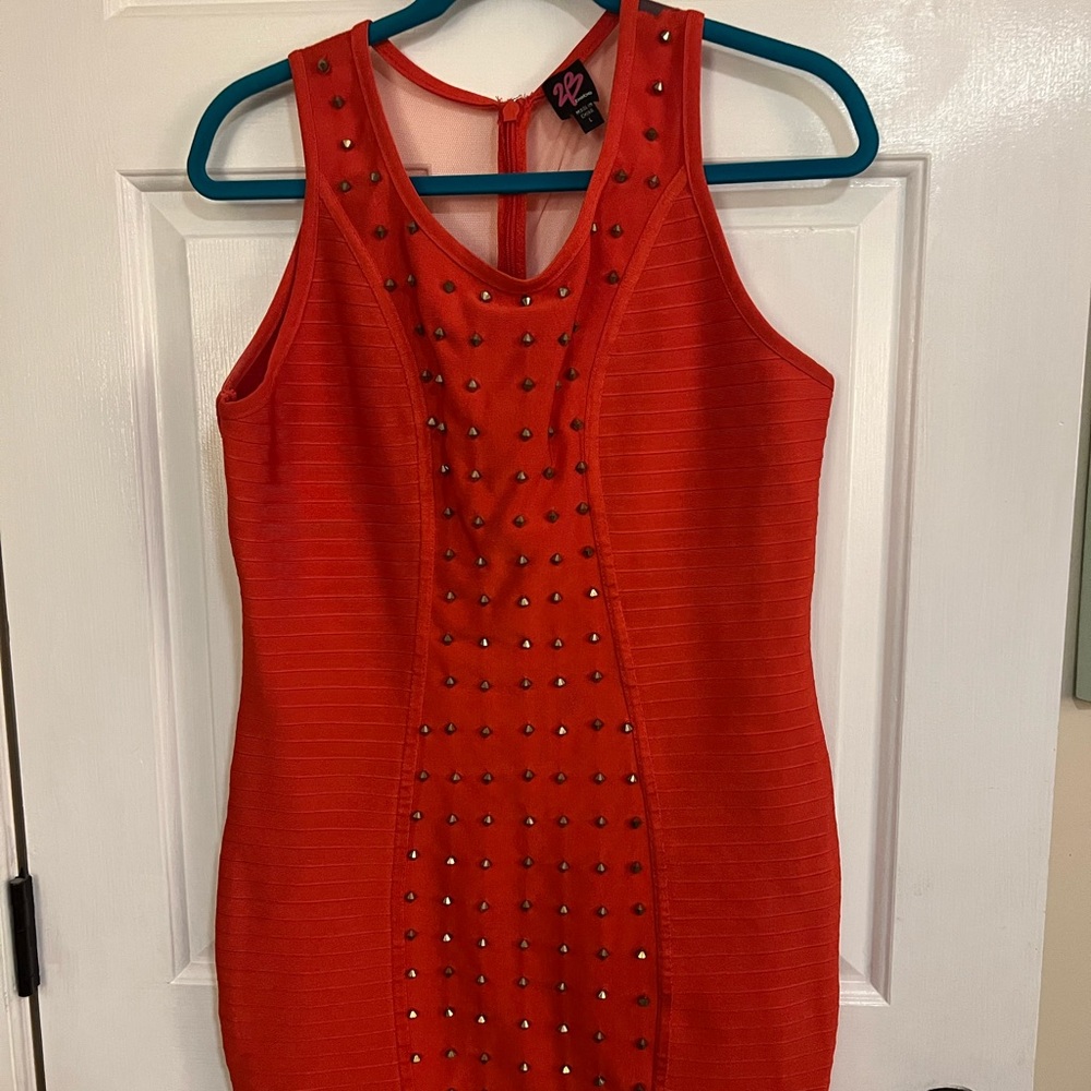 Bebe 2B Orange dress bandage gold design size large